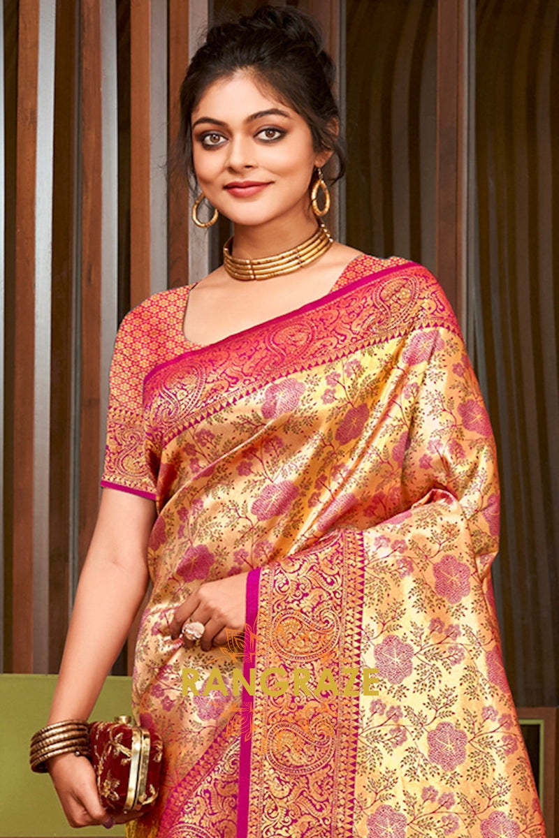 Magenta Golden Heavy Golden Zari Work Banarasi Silk Saree