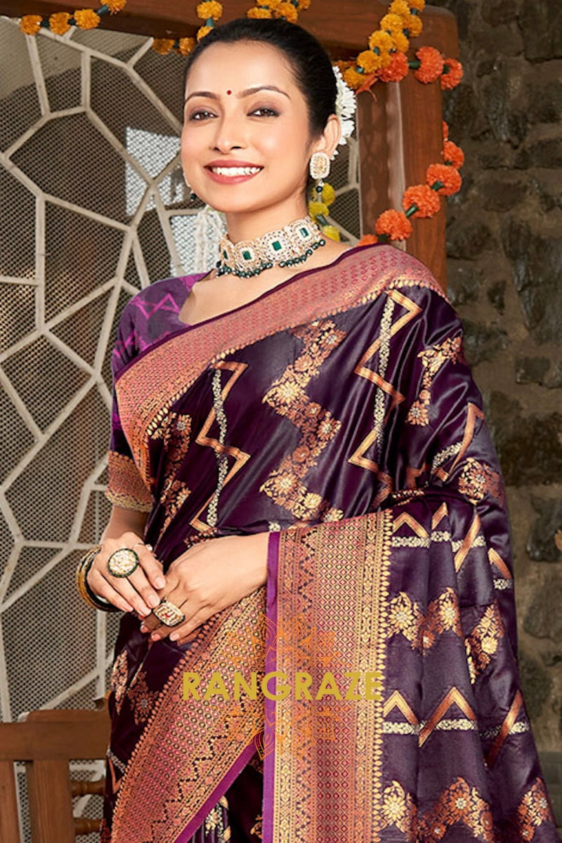 Maroon Pure Satin Silk Saree With Golden Zari Work