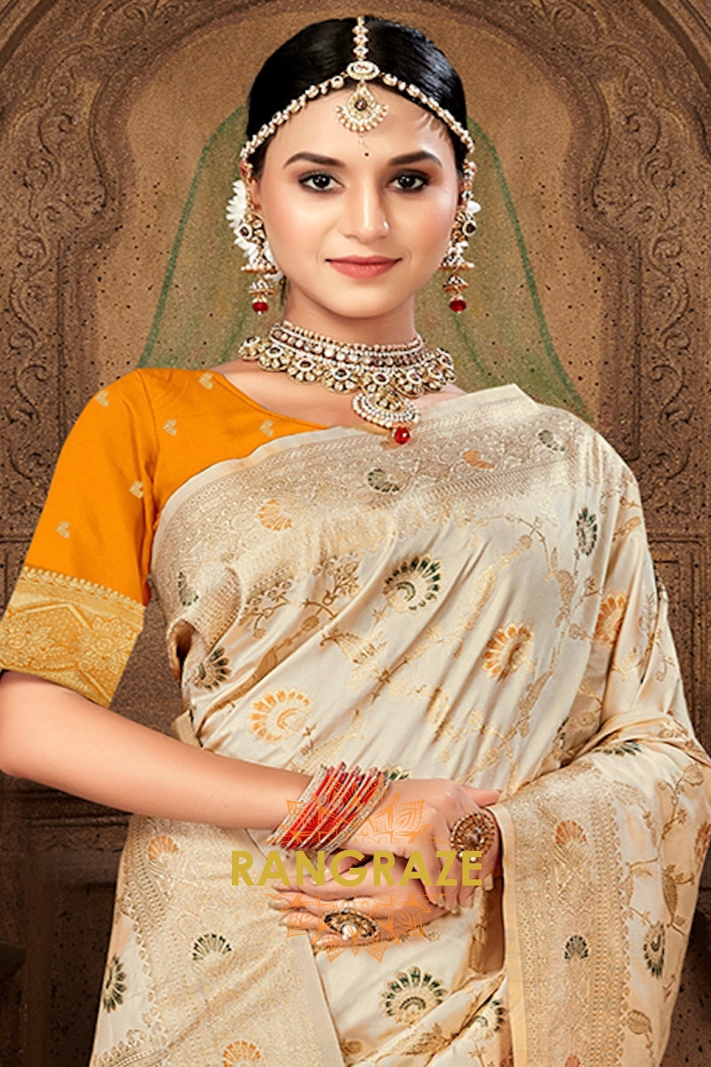 Yellow Blouse Banarasi Silk Beige Golden Saree