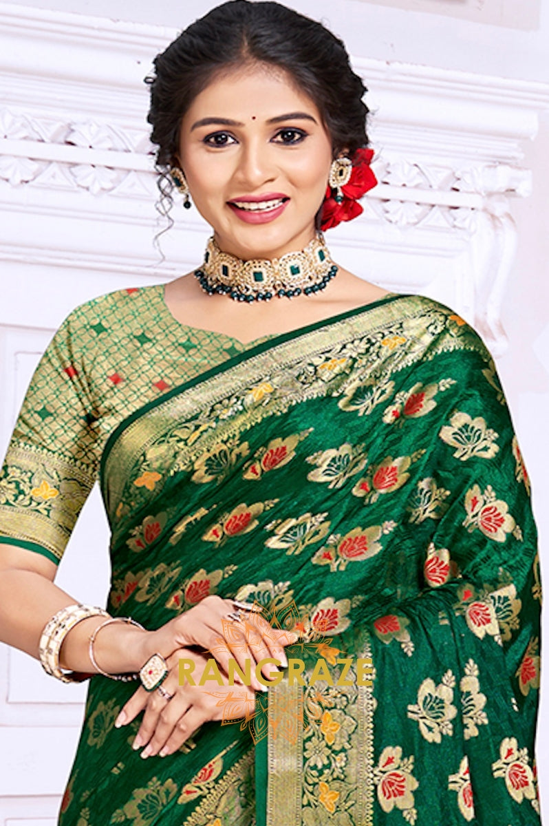 Splendid Green Banarasi Silk Saree With Golden Zari Buta Work