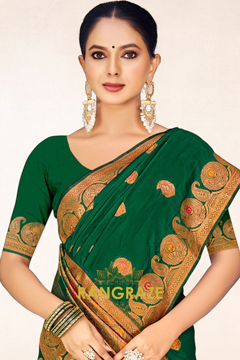 Mystic Green Banarasi Silk Saree With Golden Pallu