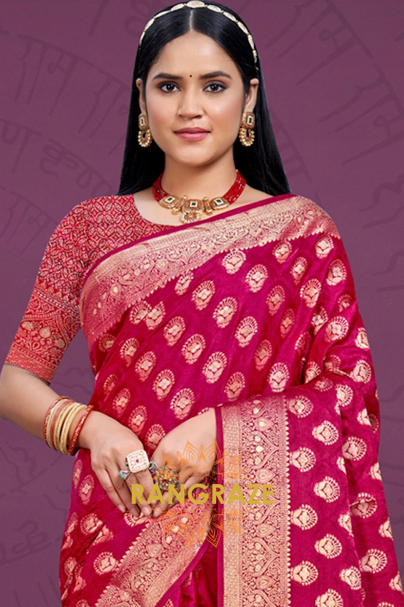 Divine Red Banarasi Silk Saree With Golden Zari Buta Work