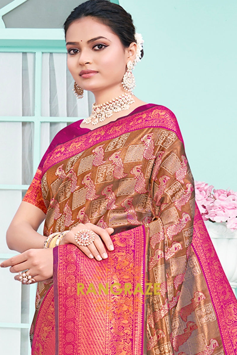 Majestic Brown Magenta Floral Red Kanjivaram Silk Saree With Blouse