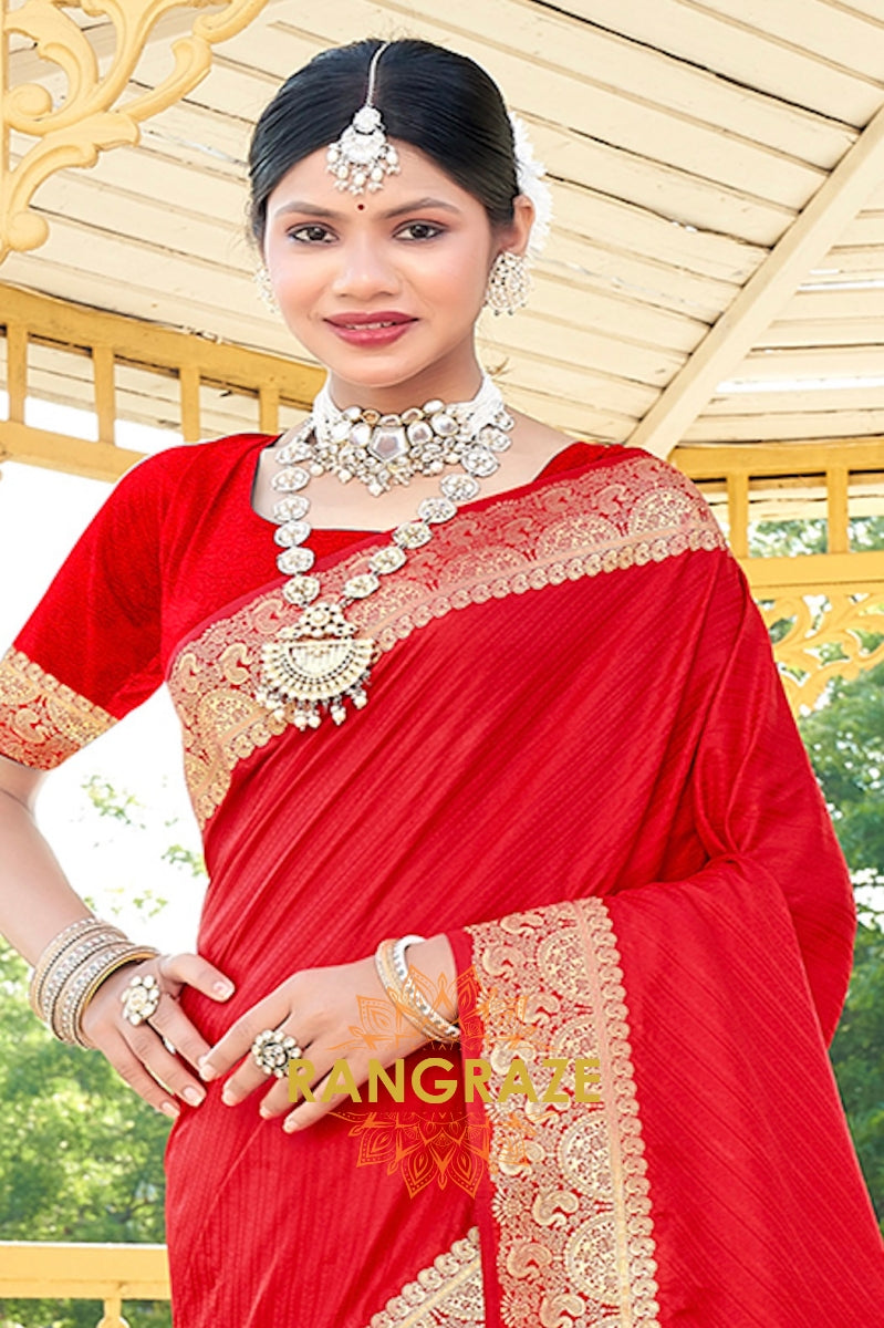 Royal Red Golden Zari Banarasi Silk Saree With Matching Blouse