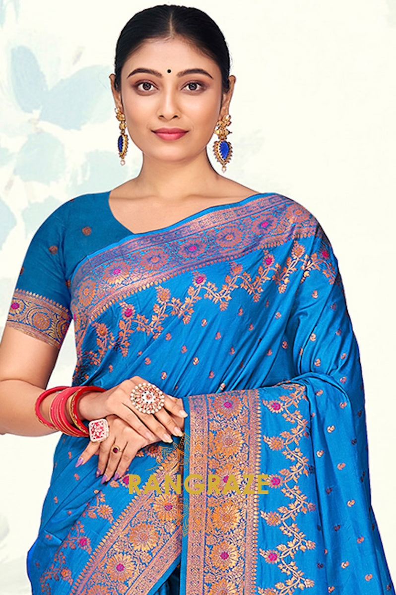 Regal Blue Banarasi Silk Saree With Matching Blouse