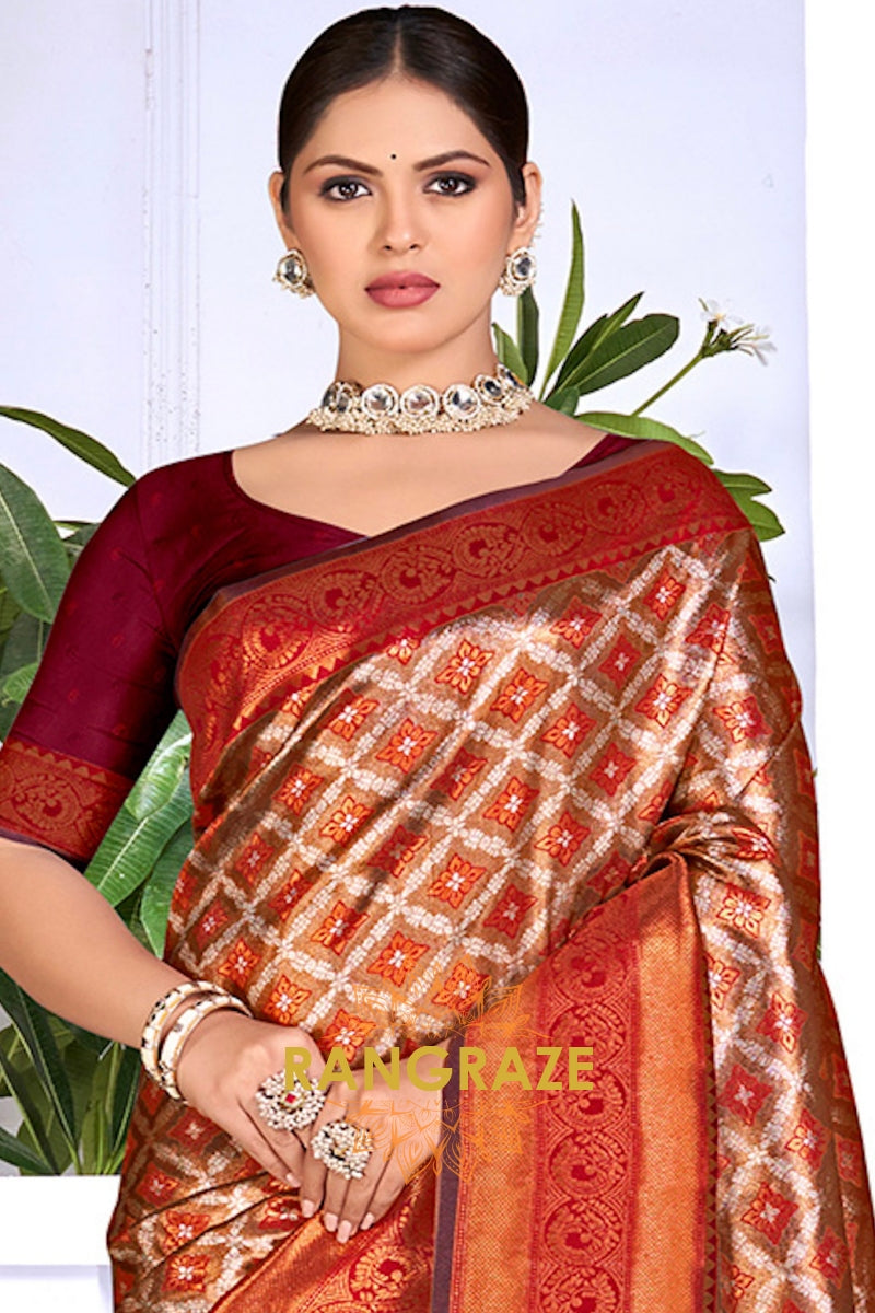 Divine Brown Orange Floral Red Kanjivaram Silk Saree With Blouse