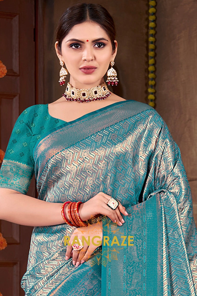 Radiant Azure Blue Banarasi Silk Saree With Woven Zari Work