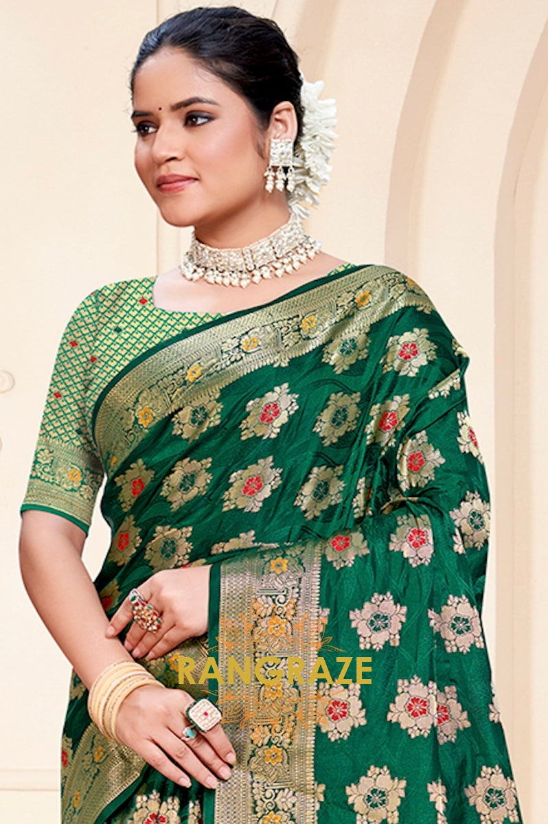 Timeless Green Banarasi Silk Saree With Golden Zari Buta Work