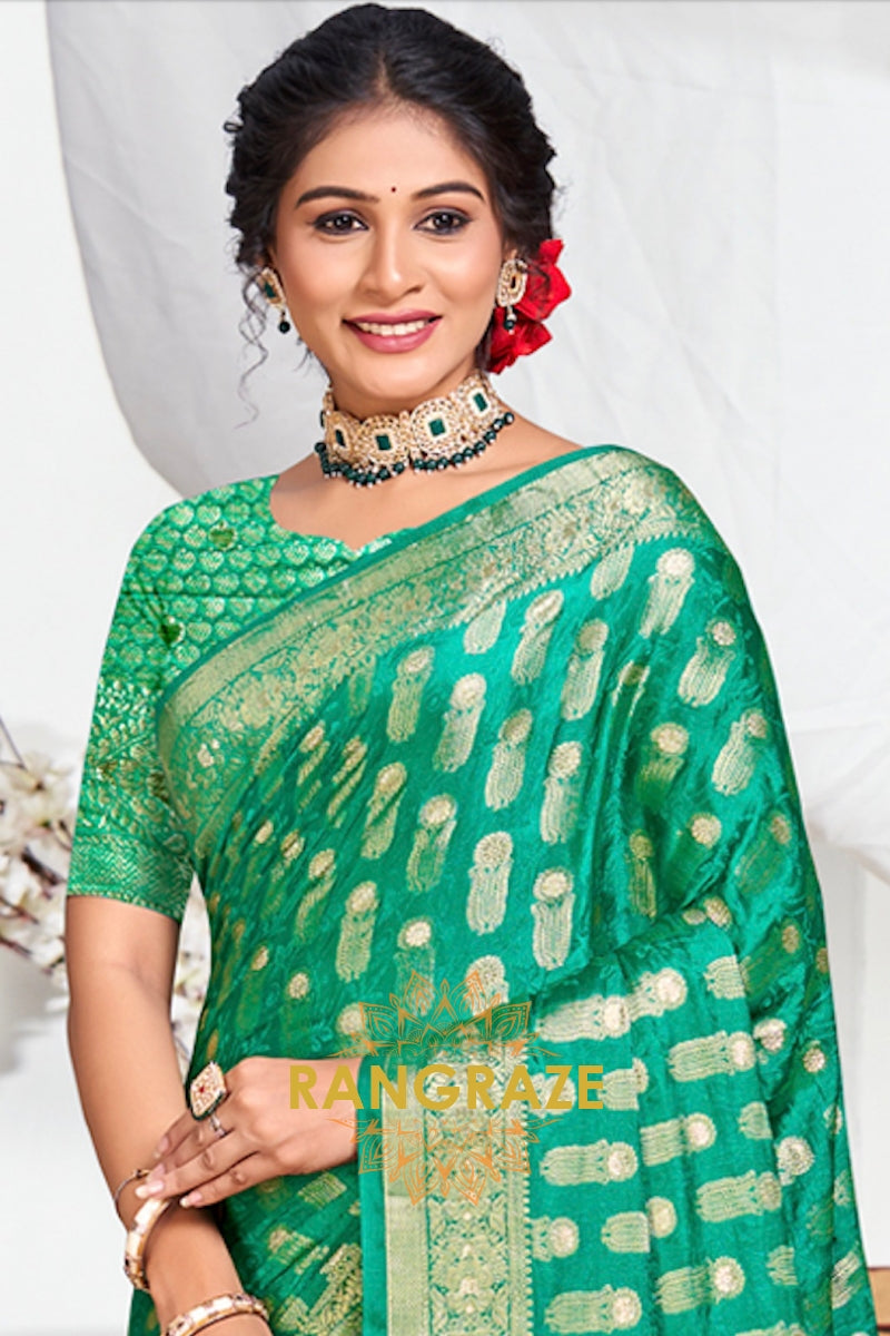 Royal Green Banarasi Silk Saree With Golden Zari Buta Work