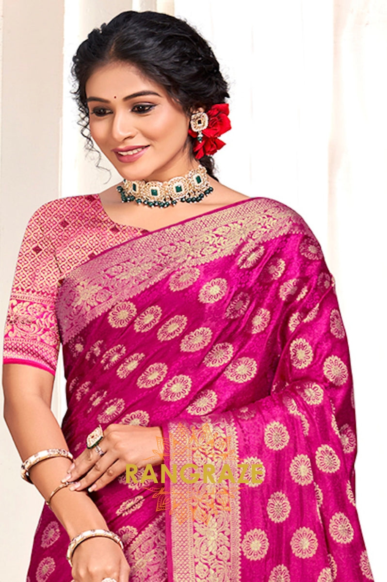 Charming Magenta Banarasi Silk Saree With Golden Zari Buta Work