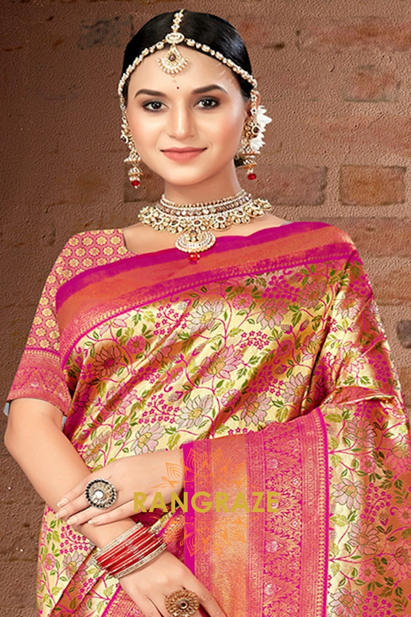 Gold Magenta Heavy Golden Zari Work Banarasi Silk Saree