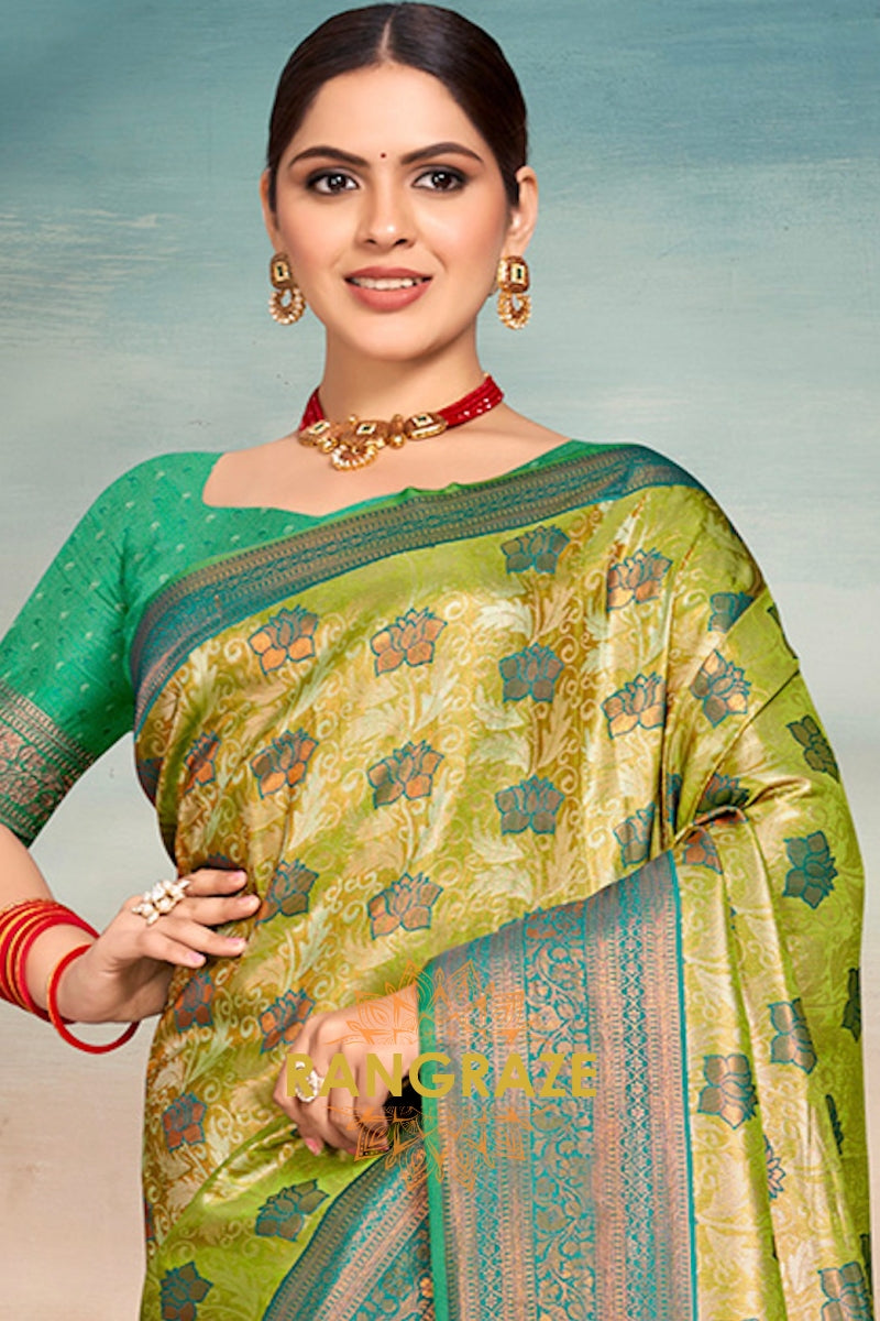 Elegant Olive Green Banarasi Silk Saree With Woven Zari Work