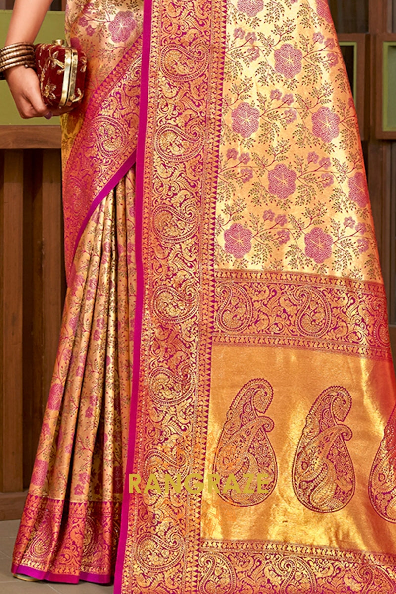 Magenta Golden Heavy Golden Zari Work Banarasi Silk Saree