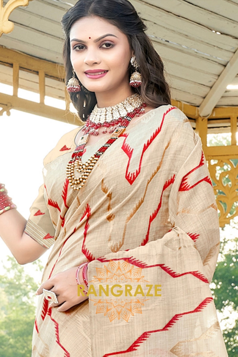 Red Pure Cotton Ivory Cream Saree