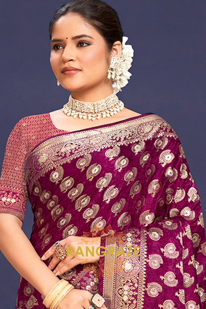 Luxurious Purple Banarasi Silk Saree With Golden Zari Buta Work