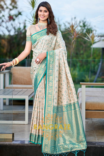 Beige Turquoise Banarasi Silk Saree With Contrast Pallu