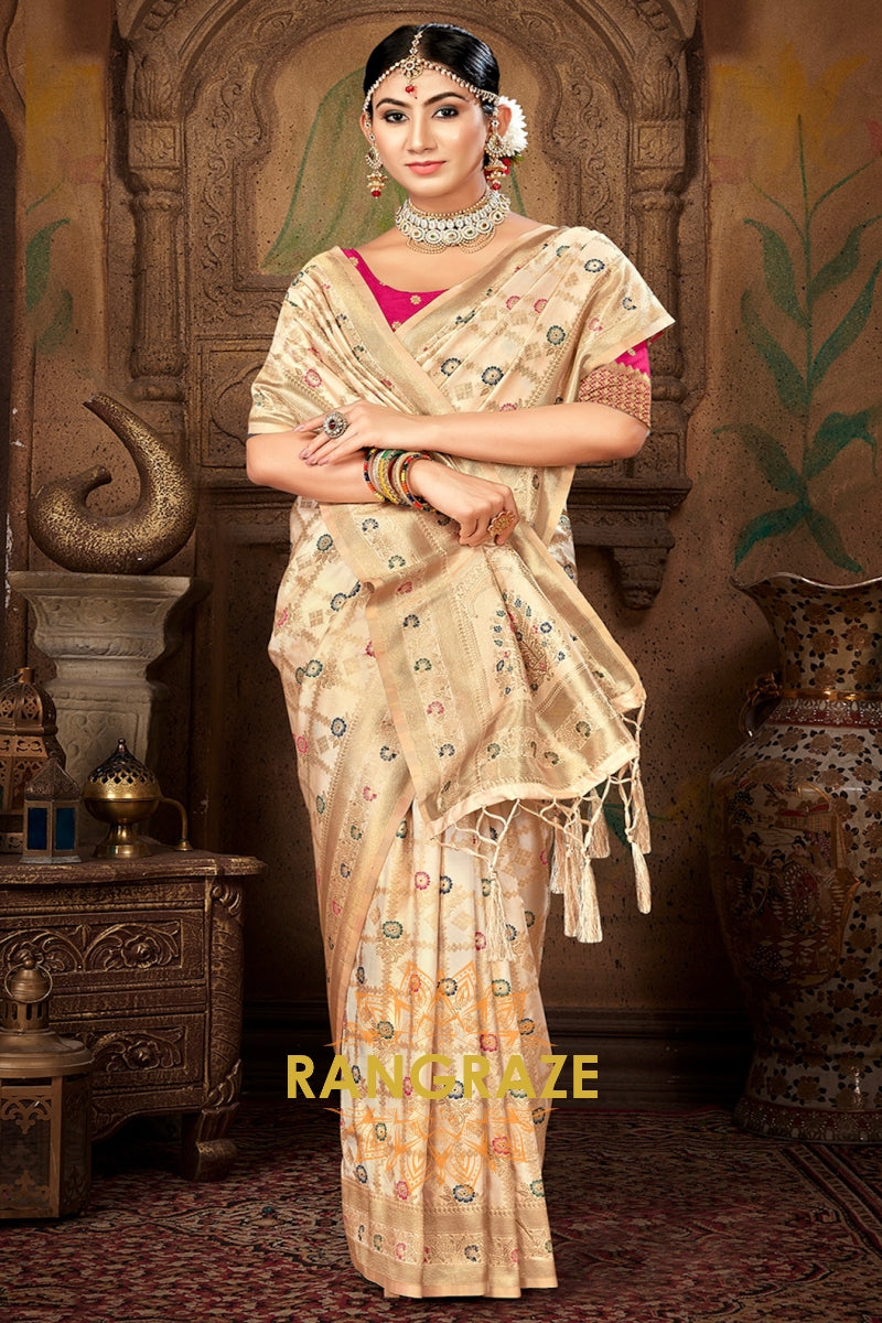 Pink Blouse Banarasi Silk Beige Golden Saree