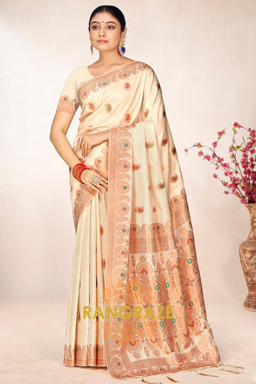 Mystic Beige Banarasi Silk Saree With Golden Pallu