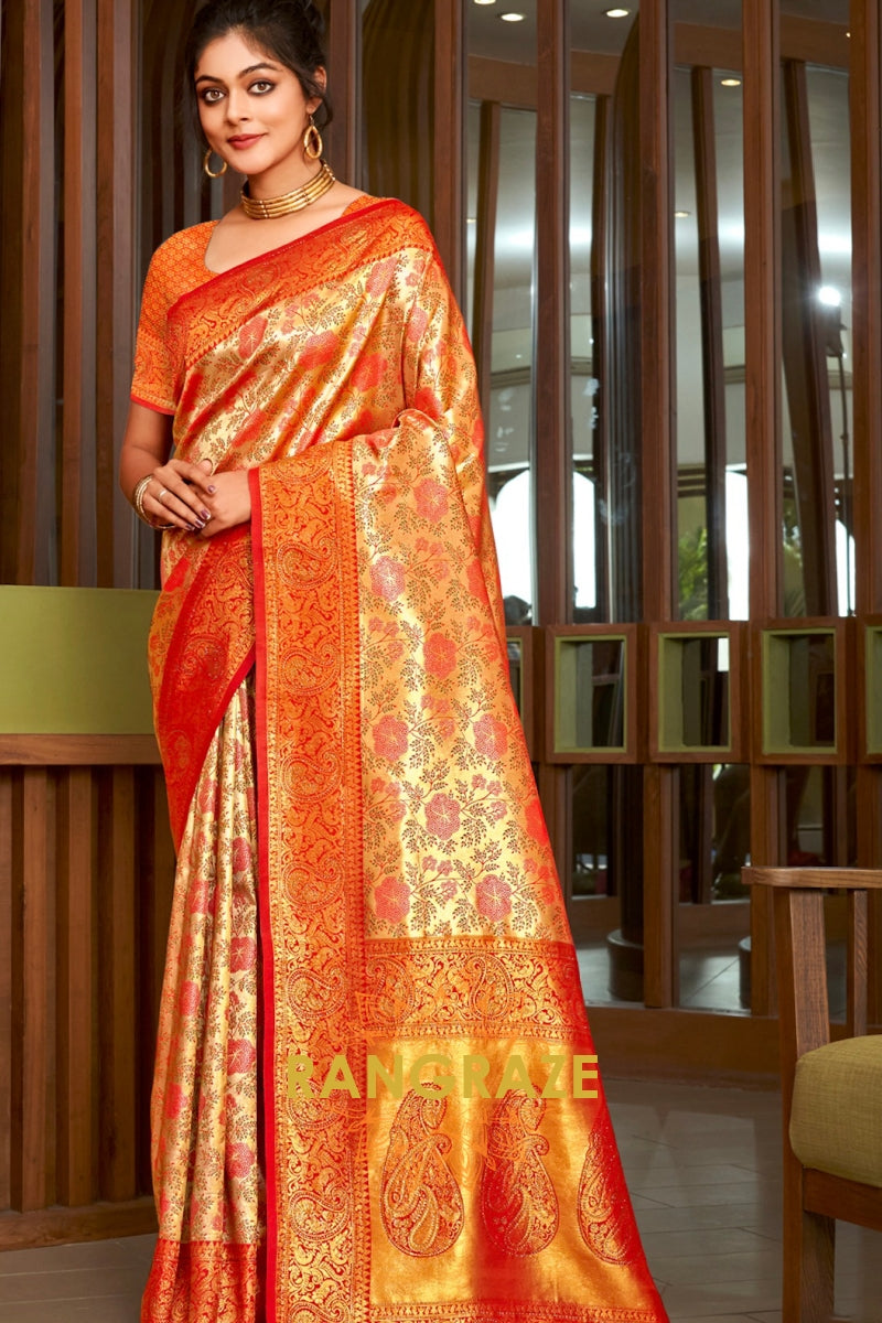 Orange Golden Heavy Golden Zari Work Banarasi Silk Saree
