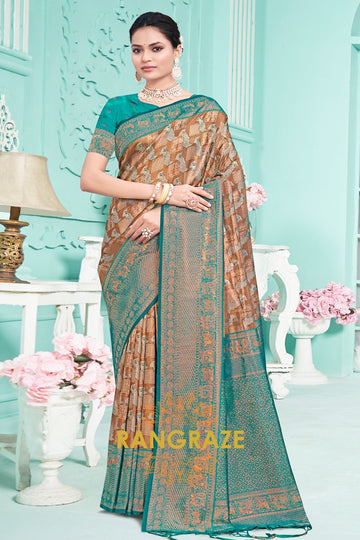 Majestic Brown Turquoise Floral Red Kanjivaram Silk Saree With Blouse