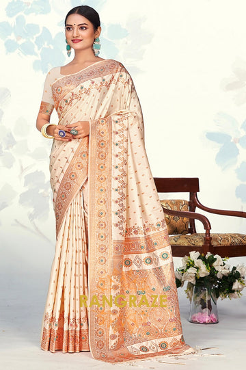 Regal Golden Beige Banarasi Silk Saree With Matching Blouse