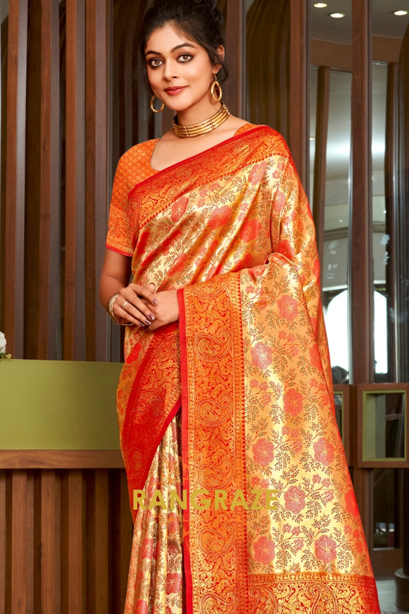 Orange Golden Heavy Golden Zari Work Banarasi Silk Saree