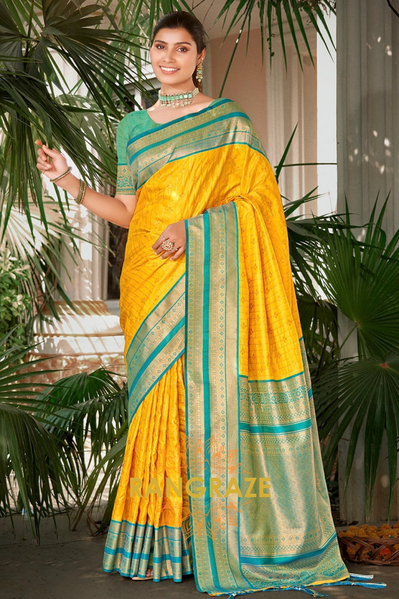 Ethereal Yellow Zari Work Banarasi Silk Saree