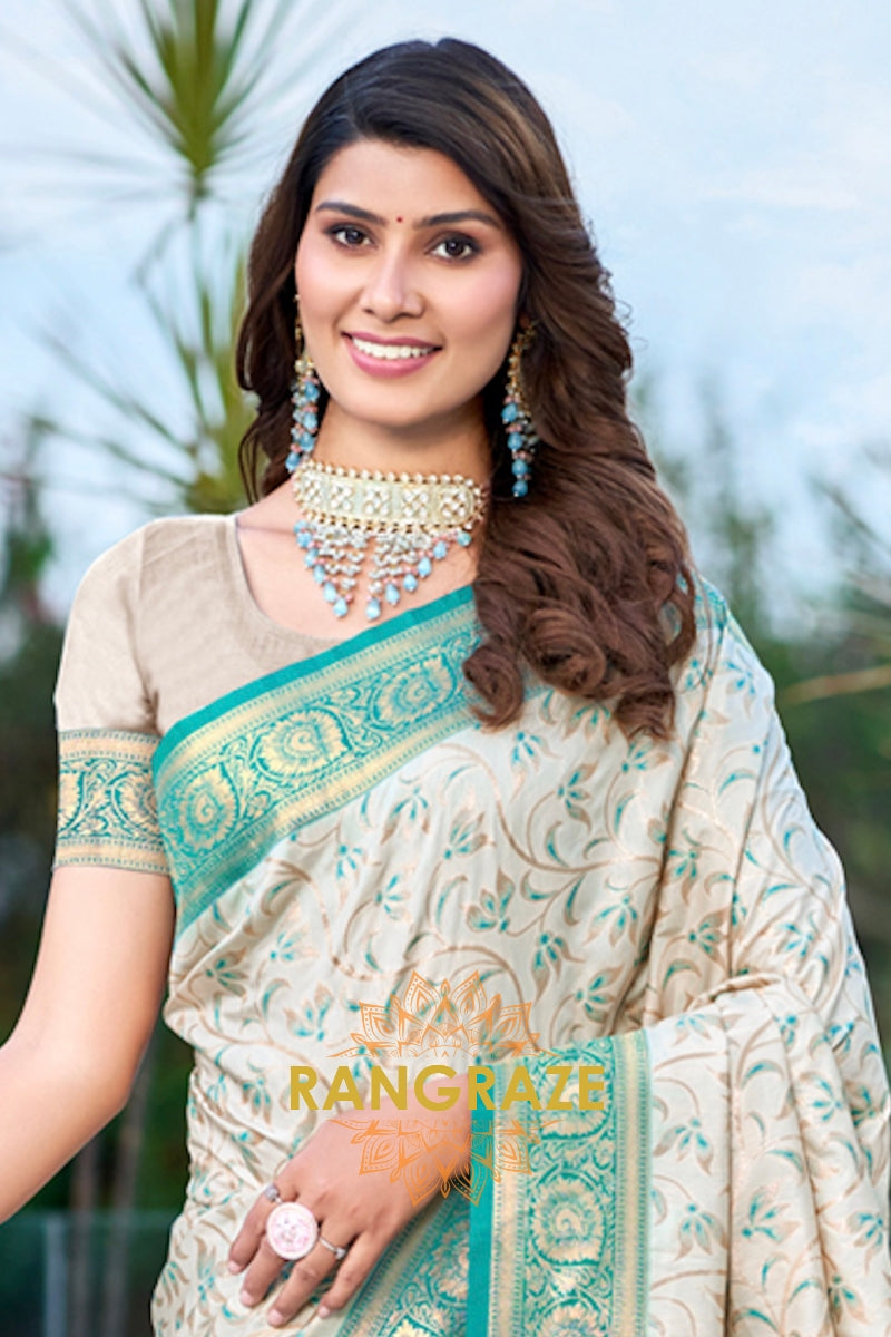 Beige Turquoise Banarasi Silk Saree With Contrast Pallu