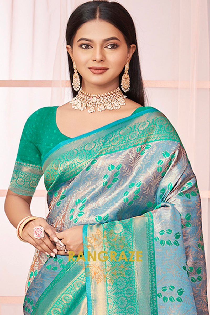 Royal Turquoise Green Banarasi Silk Saree With Woven Zari Work