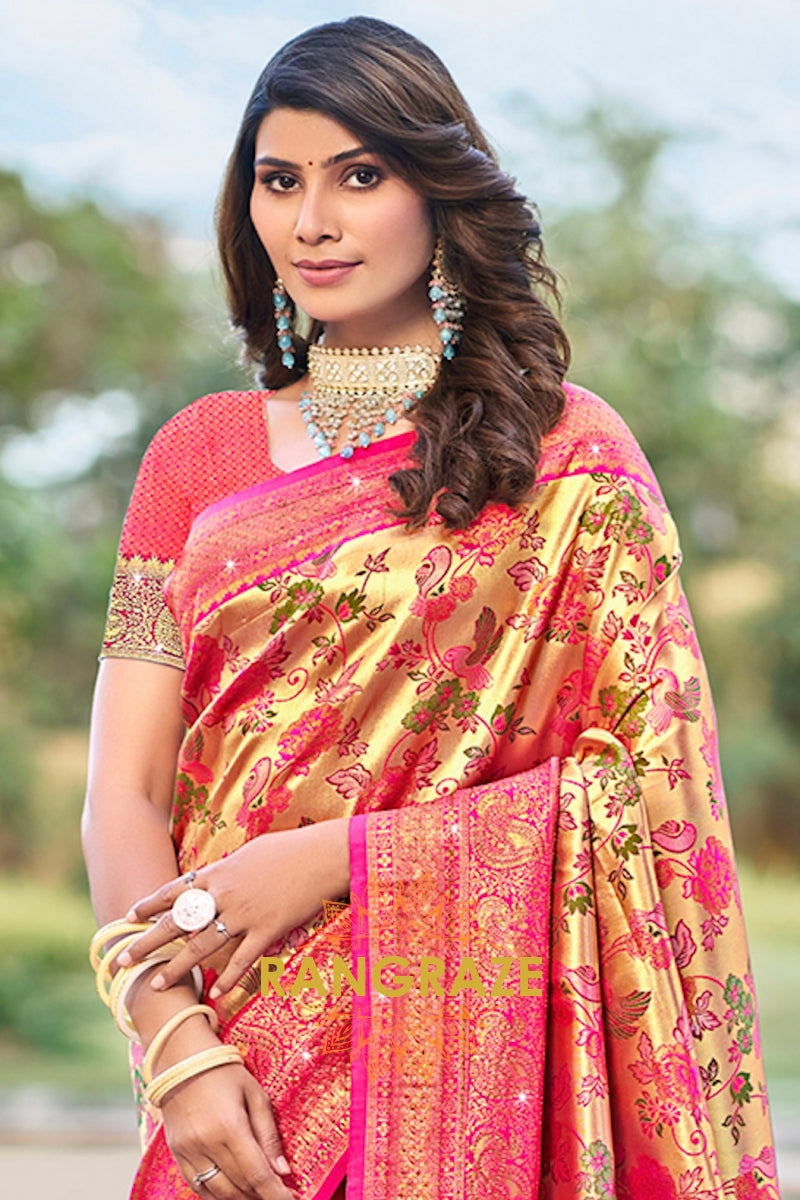 Golden Pink Heavy Golden Zari Work Banarasi Silk Saree