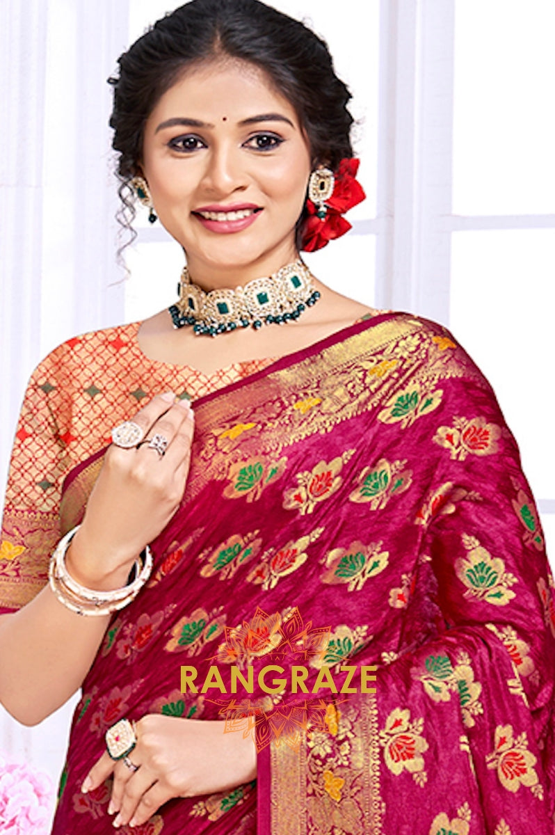 Splendid Red Banarasi Silk Saree With Golden Zari Buta Work