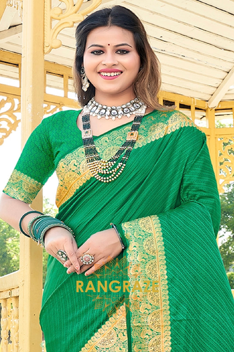 Dark Green Golden Zari Banarasi Silk Saree With Matching Blouse