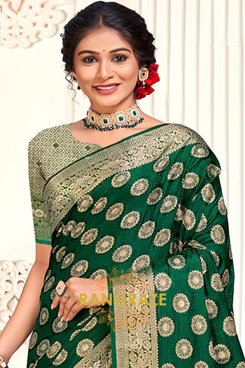 Charming Green Banarasi Silk Saree With Golden Zari Buta Work