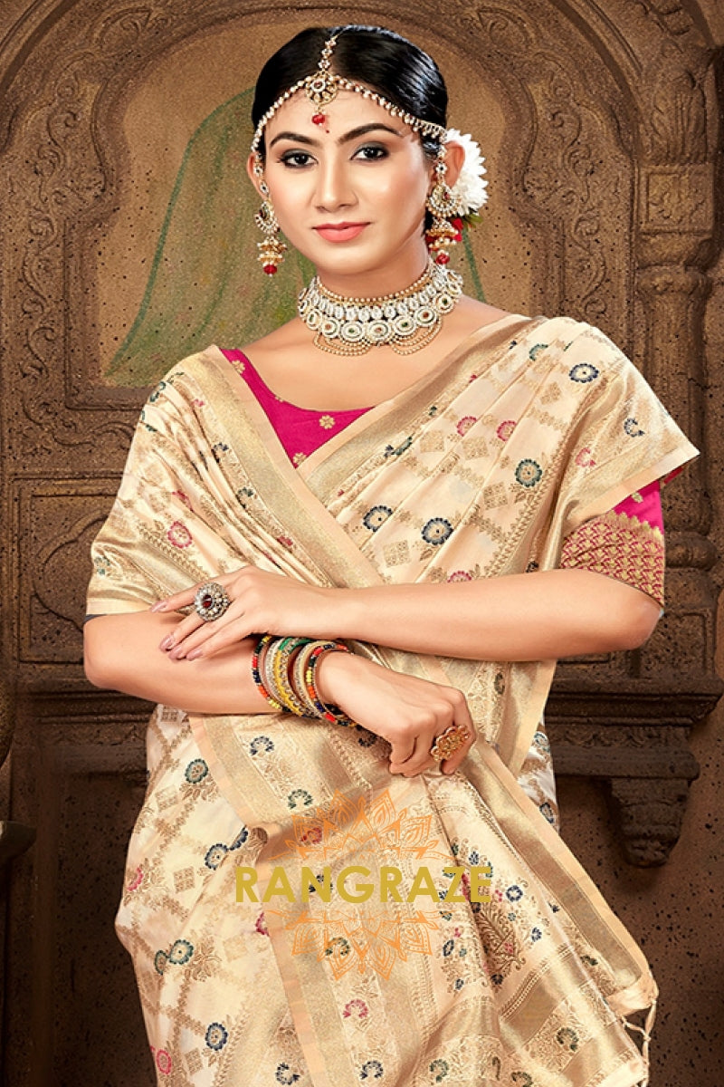 Pink Blouse Banarasi Silk Beige Golden Saree