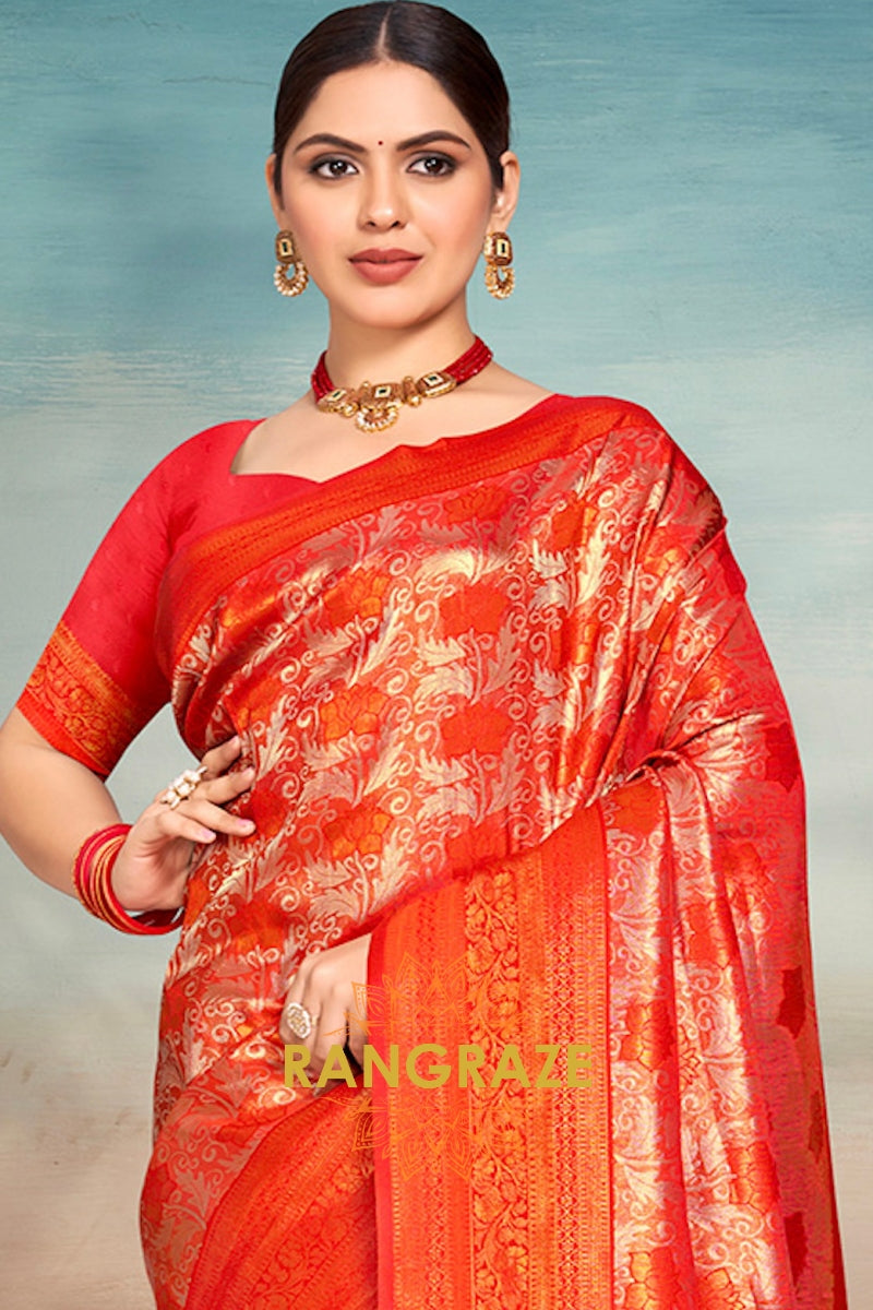 Elegant Red Banarasi Silk Saree With Woven Zari Work