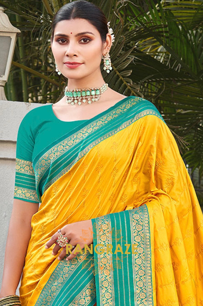 Opulent Yellow Banarasi Silk Saree With Pallu Matching Blouse