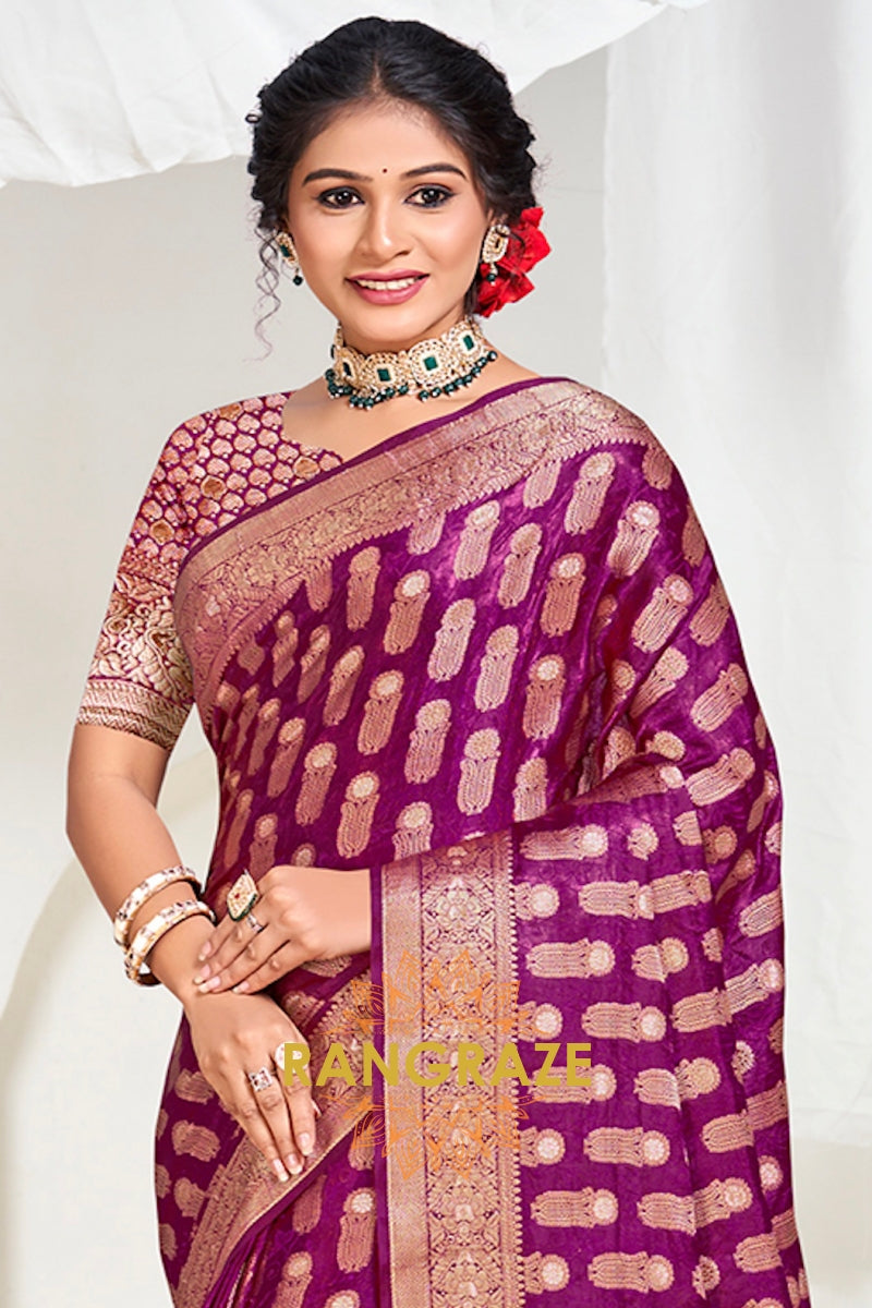 Royal Purple Banarasi Silk Saree With Golden Zari Buta Work