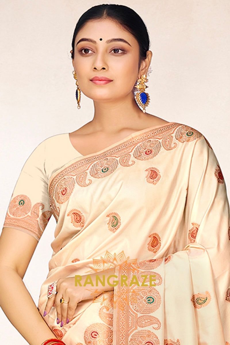 Mystic Beige Banarasi Silk Saree With Golden Pallu