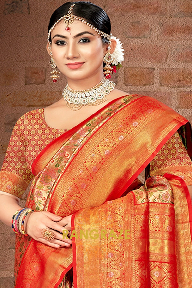 Orange Heavy Golden Zari Work Banarasi Silk Saree