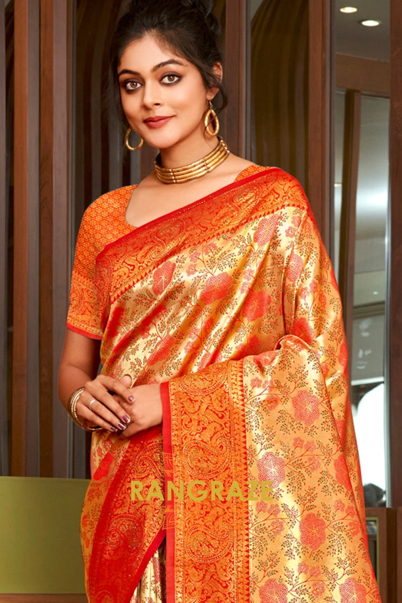 Orange Golden Heavy Golden Zari Work Banarasi Silk Saree