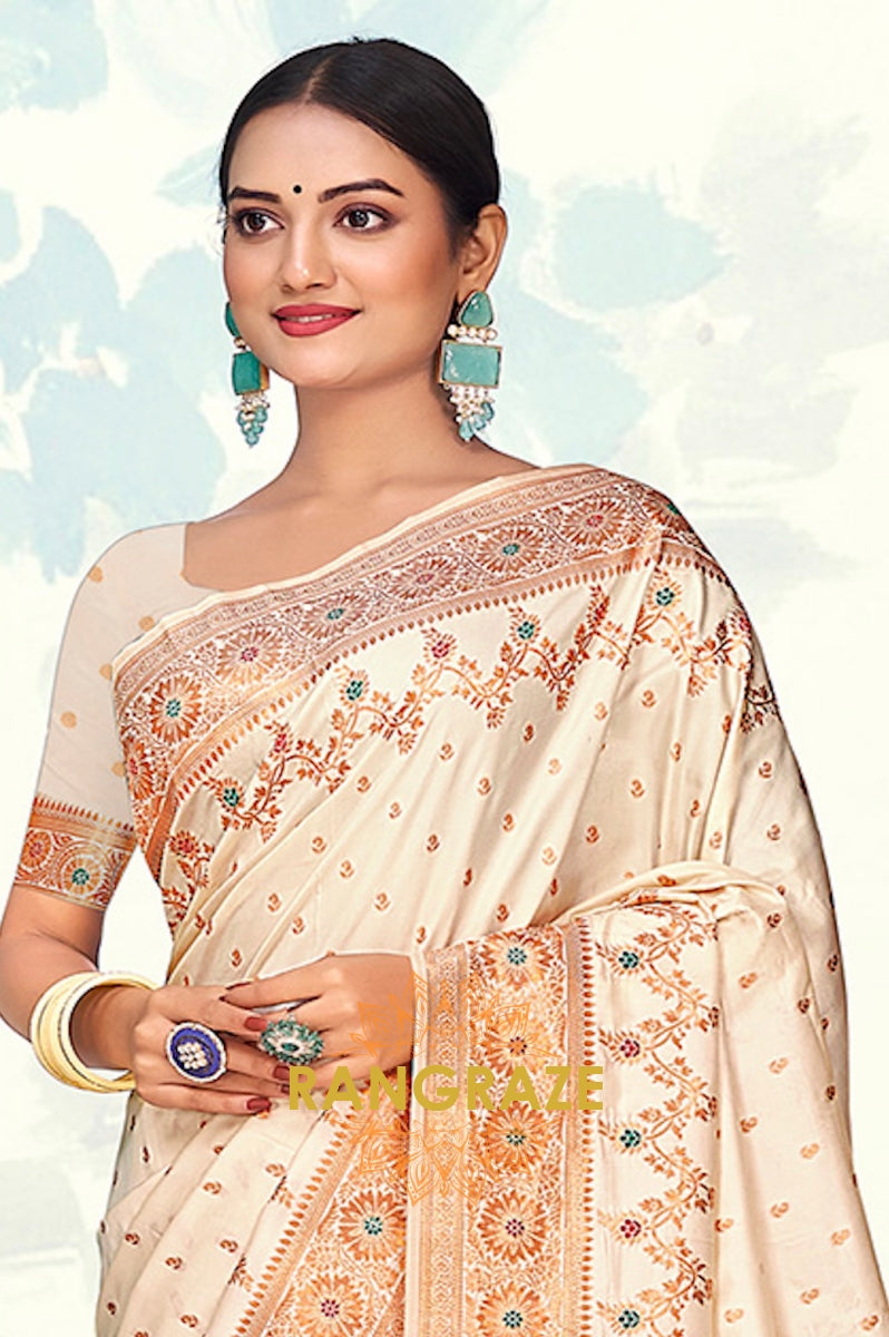 Regal Golden Beige Banarasi Silk Saree With Matching Blouse