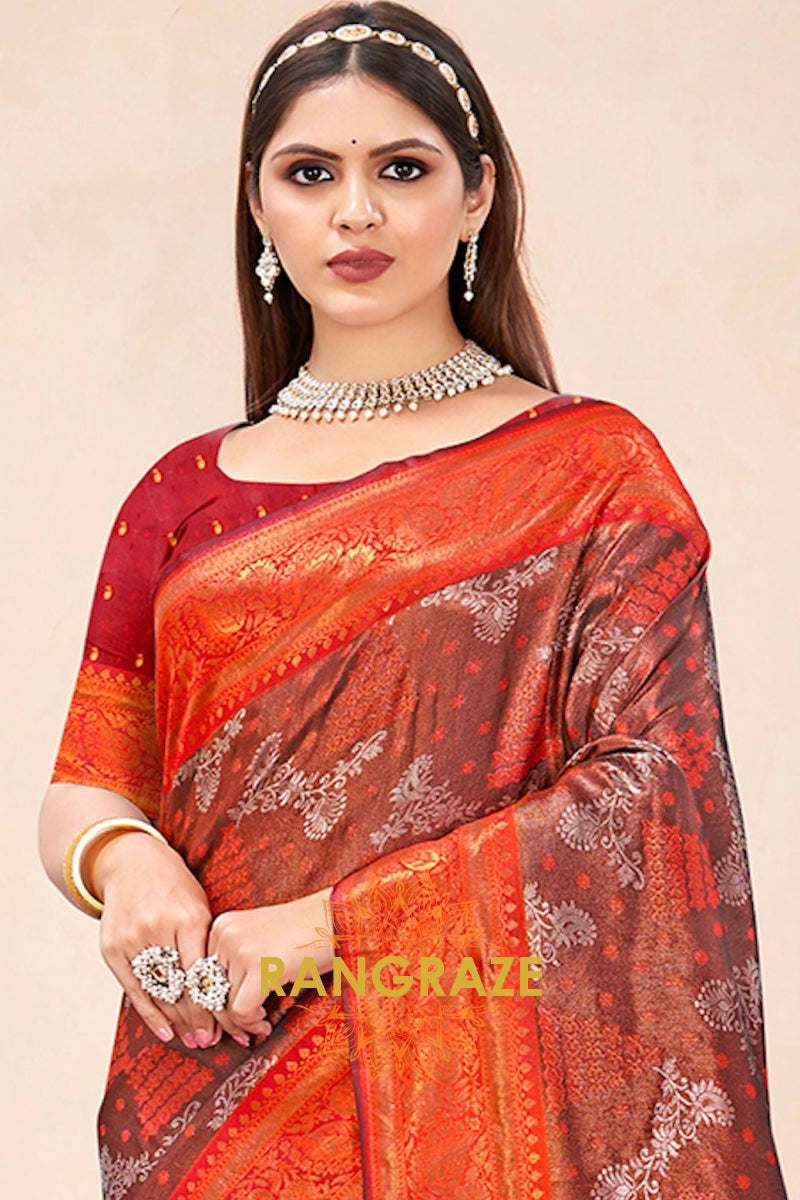 Imperial Brown Orange Floral Tussar Silk Saree With Blouse