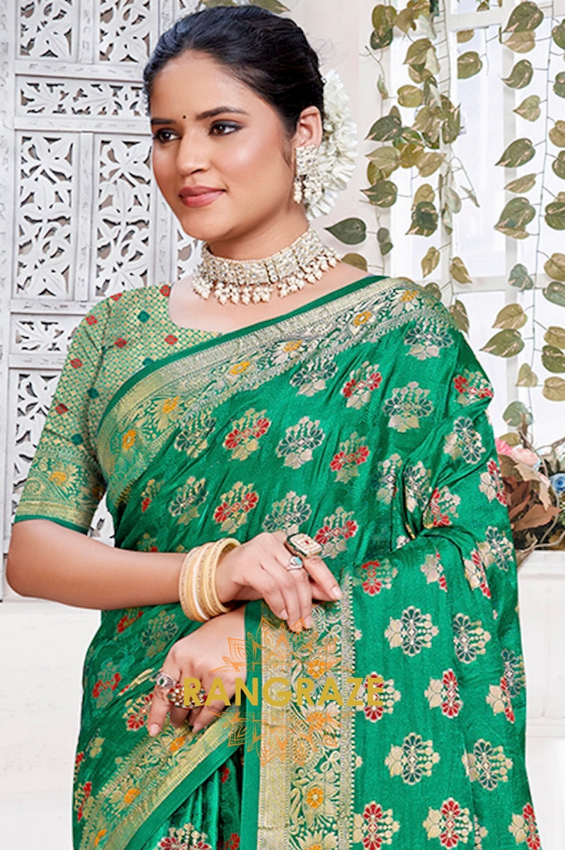 Lavish Green Banarasi Silk Saree With Golden Zari Buta Work