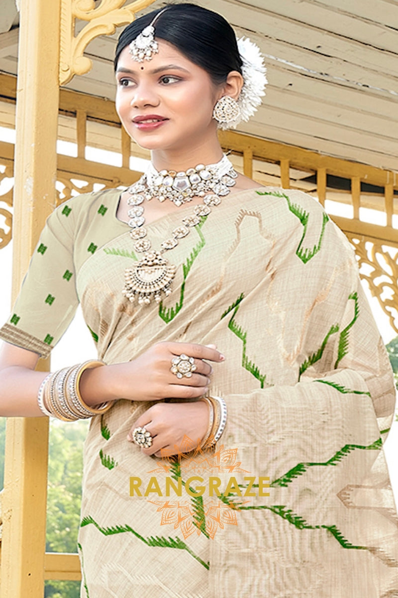 Green Pure Cotton Ivory Cream Saree