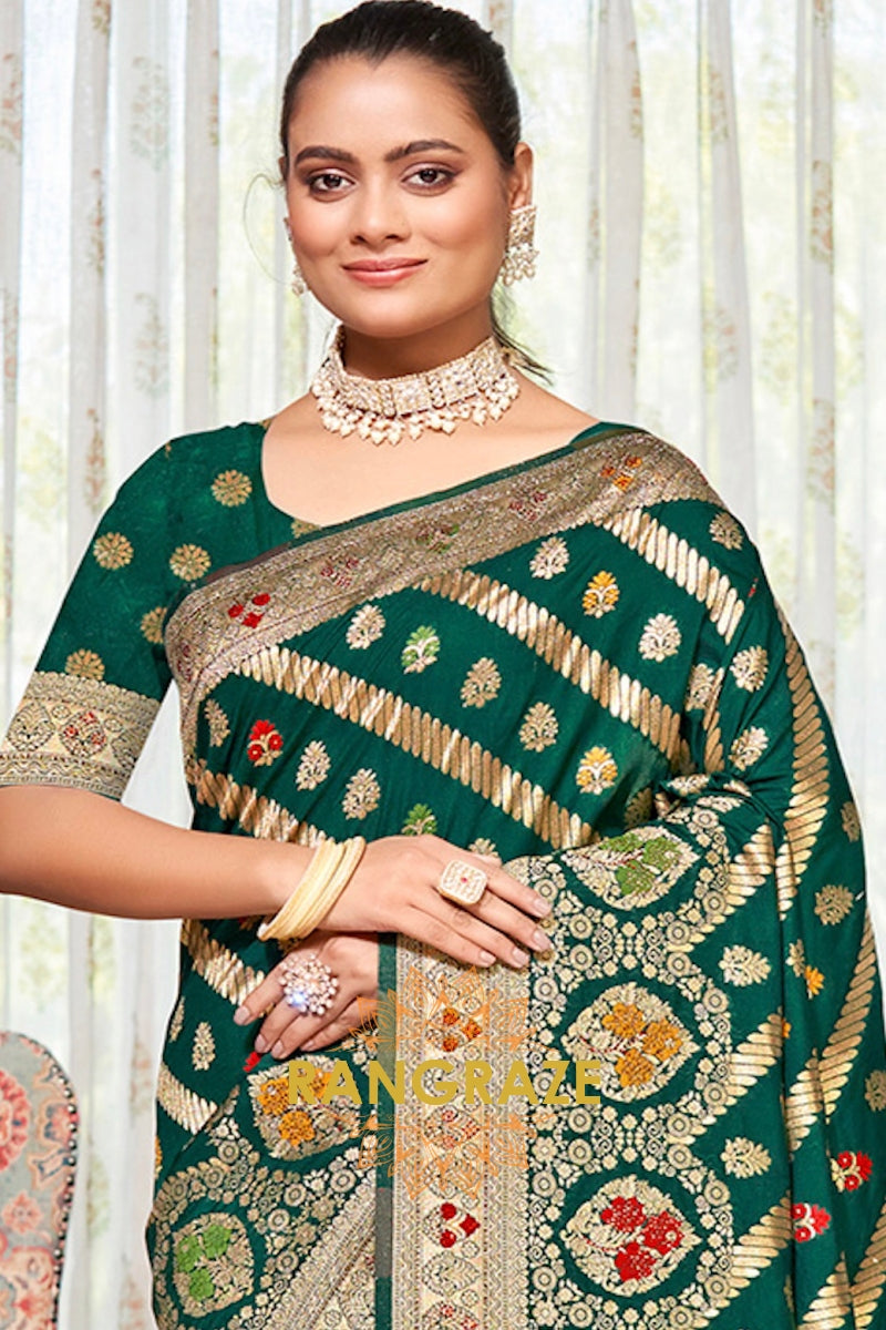 Dark Green Heavy Zari Work Banarasi Silk Saree