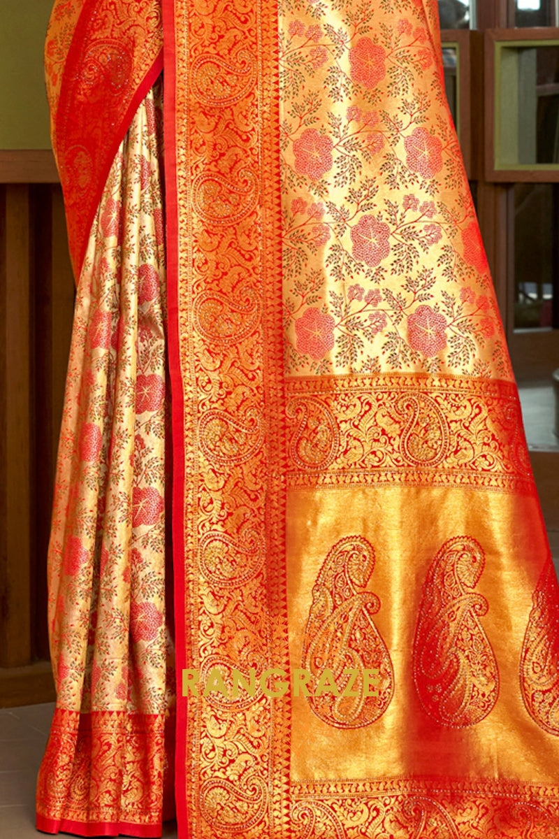 Orange Golden Heavy Golden Zari Work Banarasi Silk Saree