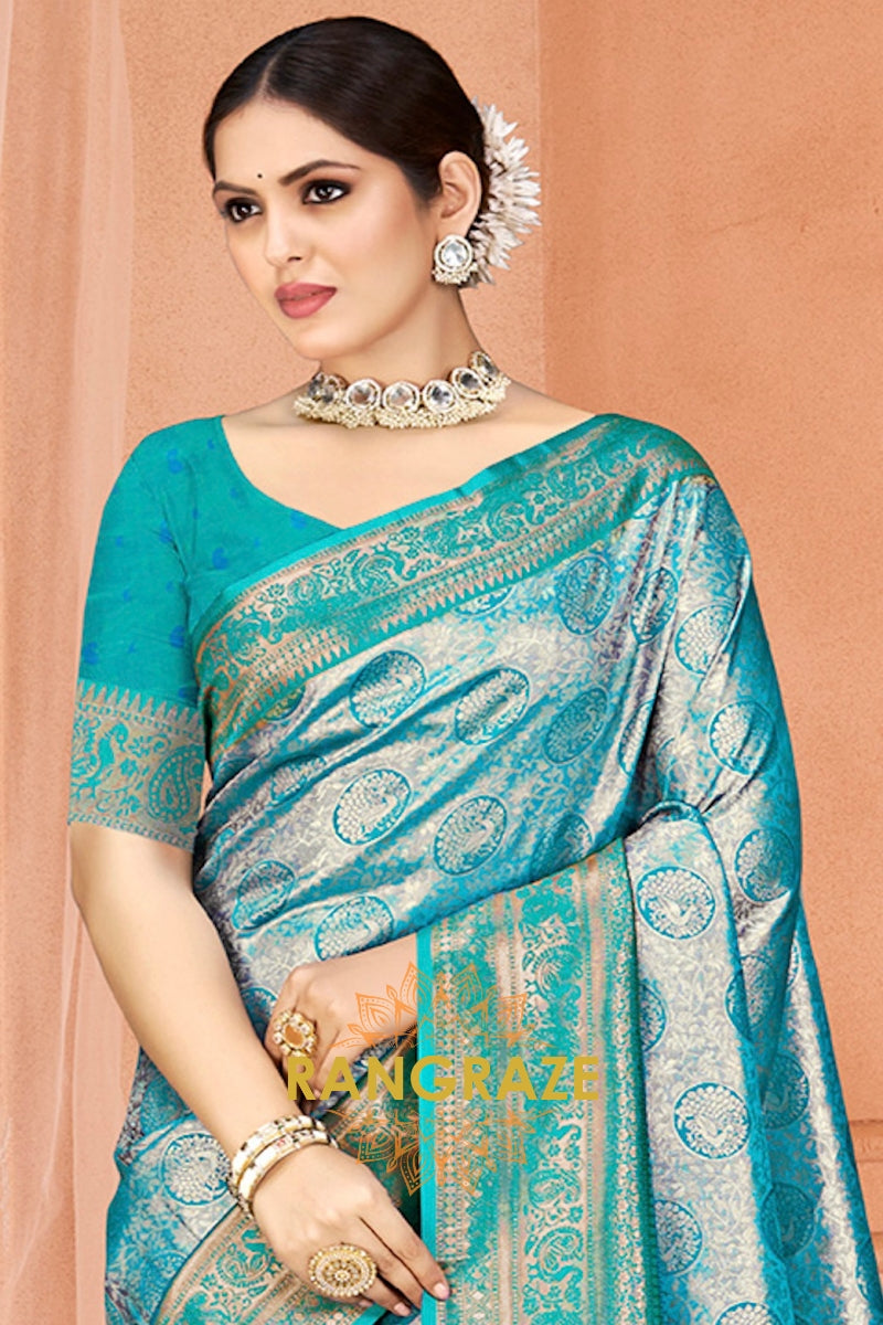 Divine Azure Blue Banarasi Silk Saree With Woven Zari Work