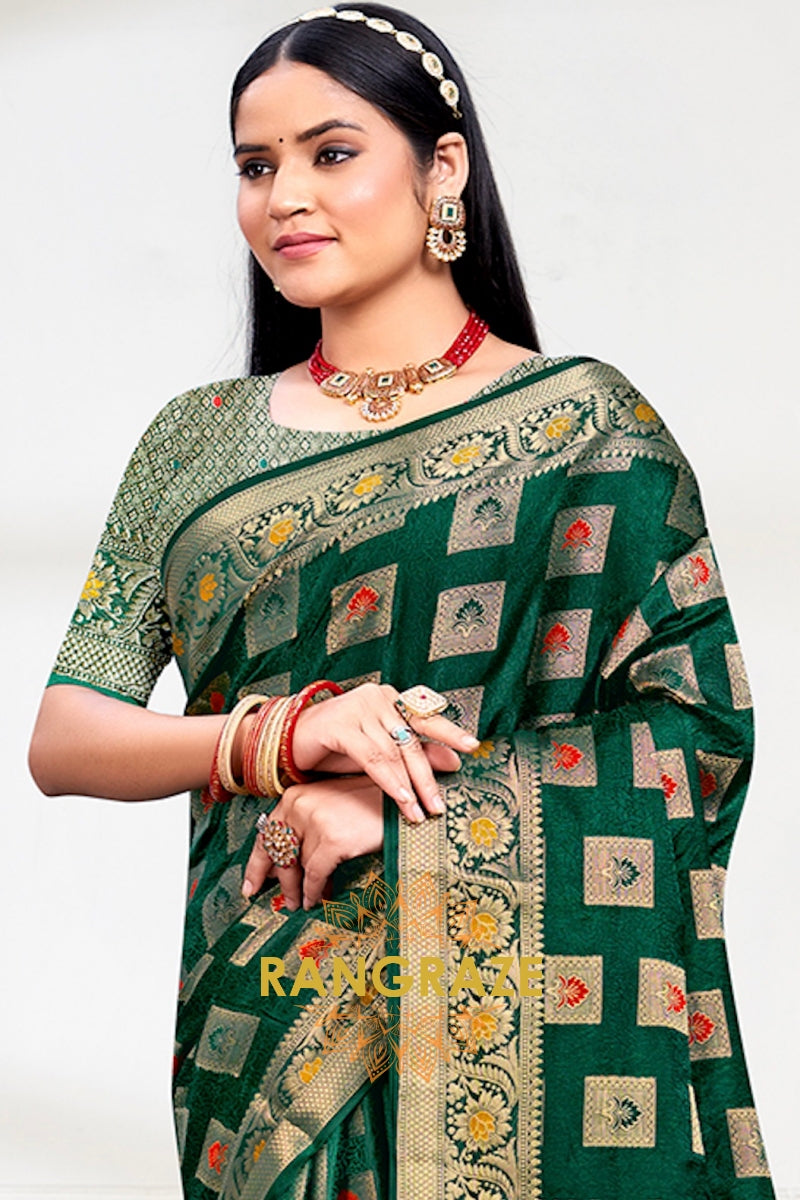 Elegant Dark Green Banarasi Silk Saree With Golden Zari Buta Work