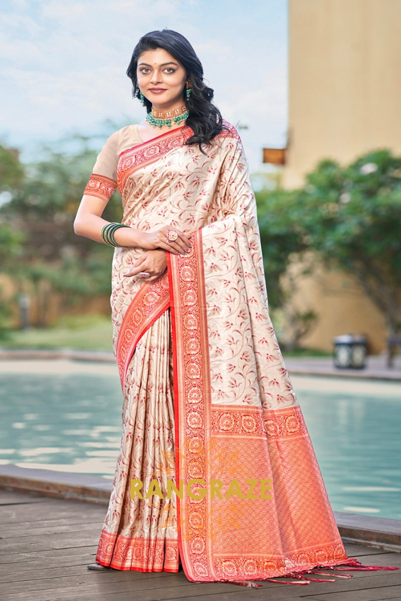 Beige Orange Banarasi Silk Saree With Contrast Pallu