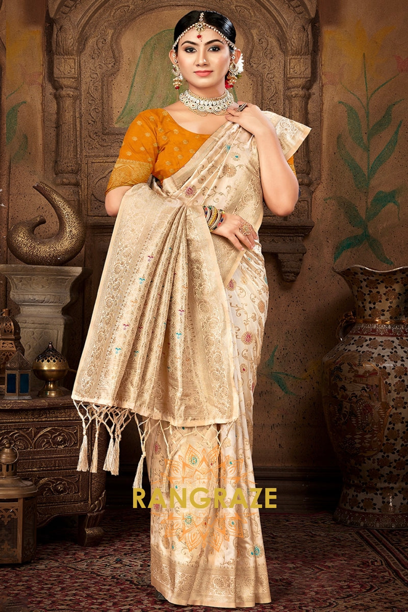 Golden Blouse Banarasi Silk Beige Golden Saree